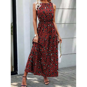 Women's Sleeveless Crew Neck <b>Elastic</b> Waist Patterned Single Jersey <b>Dress</b>, 34960 - Red - Product Image 2