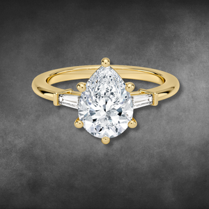 Bague en diamant de culture, or jaune 14K/18K, coupe poire, trois pierres, avec diamants baguette effilés, pour femmes, bijoux fins - Product Image 1