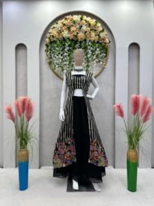 Premium 3 Piece Foux Gorgette Ensemble Fully Stitched <b>Shrug</b> with Thread Sequence Unstitched Choli with Micro Inner - Product Image 3