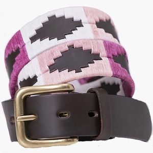 Superior Quality Baby <b>Pink</b> and White Polo Leather <b>Belt</b> with Golden Buckle Hand Embroidered Sports Accessory - Product Image 1