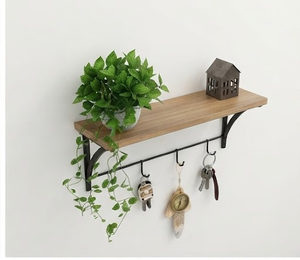 Handmade Eco-Friendly Mango Wood Wall <b>Shelf</b> with <b>Hooks</b> for Keys Minimalist Design Rectangle Shape Durable Material Multifunction - Product Image 4