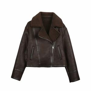 Chaqueta de cuero estilo motociclista con cuello y mangas largas para mujer, abrigo de cuero para otoño, nueva chaqueta con cremallera decorativa para mujer - Product Image 1