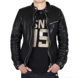 เสื้อแจ็คเก็ตหนังแกะแท้ทรงมอเตอร์ไซค์ ปกตั้ง ล้างแบบ Garment Washed หนังฟอกฝาดจากพืช สำหรับผู้ชาย - Product Image 1