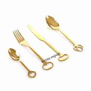 Juego de Cubiertos de Acero Inoxidable con Acabado Dorado y Espejo, Diseño Artesanal, Cuchillos, Tenedores y Cucharas con Mango Corto y Mango Verde, para Fiestas - Product Image 3