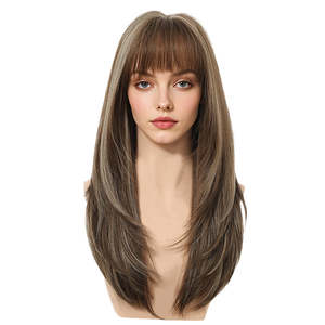 DWY NEWIN Tina Long-Length Glueless Synthetic <b>Wig</b> Layer-Cut Straight with Air Bangs Linen Brown with Light Brown Lace Highlights - Product Image 1