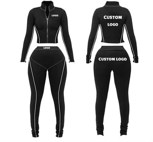 OEM personalizado de las mujeres Zip Up Rib Knit Lounge Wear chándales chaqueta de manga larga Leggings joggger yoga casual 2 Conjunto de dos piezas - Product Image 3
