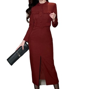 Vente en gros Nouvelle collection Printemps Femme Blazer tailleur bordeaux noir marron professionnel de bureau avec ceinture 2026 - Product Image 1