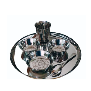 Vajilla de acero Platos de cargador Vajilla 3 cuencos y 1 cuchara y 1 bandeja de comida plateada de vidrio Restaurante - Product Image 1