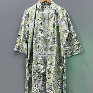 Bata de algodón ligera con estampado de pájaros y estampado a mano, estilo kimono - Product Image 1