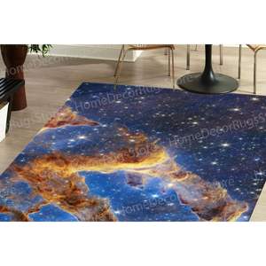 Tapis en laine imprimé télescope spatial - Décoration de salle à manger Paysage nocturne - Tapis gobelin avec motif patchwork et envers en latex - Product Image 1