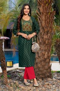 Estampado de rayón dorado con bordado con encaje Kurtis para venta en línea - Product Image 5