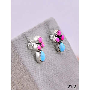 Southwest Style Cotton Candy Turquoise & Sterling <b>Silver</b> <b>Stud</b> Earrings Bezel Setting Flower Pattern Post Earrings - Product Image 3
