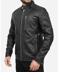 Veste à manches longues en cuir véritable noir personnalisée pour hommes Veste à col rabattu et fermeture éclair pour hommes - Product Image 1