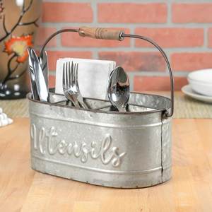 Soporte para cubiertos galvanizado artesanal, soporte de almacenamiento de 5 compartimentos, soporte para utensilios de hierro de Mesa para el hogar con mango de madera - Product Image 4