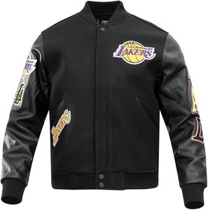 Chaqueta Bomber Bordada de los Lakers de Los Ángeles, con Mangas de Cuero Negro y Ribete en Contraste, Chaqueta Deportiva Clásica para Adultos - Product Image 1