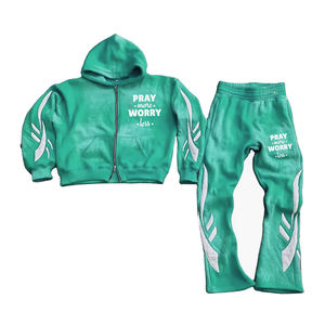 <b>Top</b> Quality Zipper up Sweat Suit Acid Wash Embroidery <b>Distresses</b> Hoodie Jogging Tracksuit Flared Sweatpants and Hoodie Set - Product Image 1