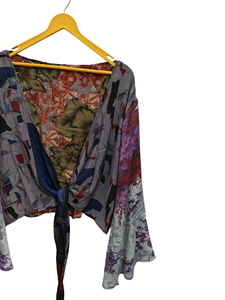 Light Weight Short Shirt Free Size Short Silk Top Wrap dress Vintage Sari Fabric wrap top Floral Print Boho Top - Product Image 3