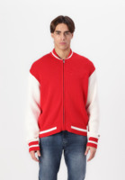 Chaqueta universitaria roja y blanca de alta calidad con logotipo personalizado para hombre, bombardero de béisbol con letras universitarias, puños acanalados con cuello de plumón
