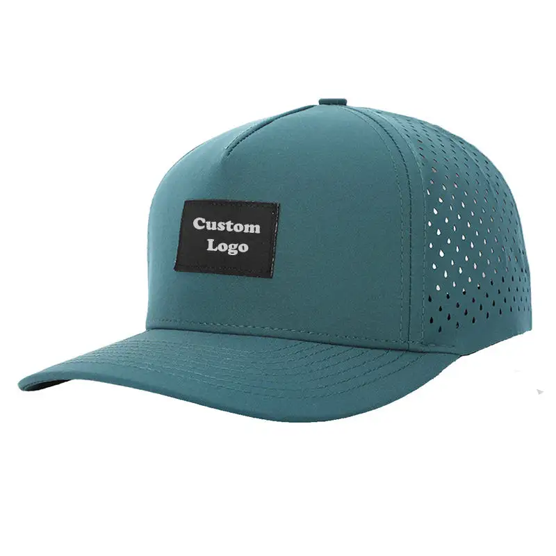 Özel 5 Panel nakış logosu delikli lazer kesme deliği delinmiş beyzbol şapkası su geçirmez spor kap şoför şapkası