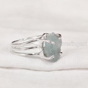 Rough <b>Stone</b> Jewelry Women's <b>Ring</b> Natural Aquamarine Raw Gemstone March Birthstone 3 Plain Band Jewelry 925 Sterling <b>Silver</b> <b>Ring</b> - Product Image 3