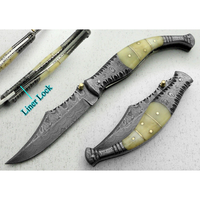 Couteau pliant Damas avec manche en corne, multifonctionnel, DIY, OEM, de poche et de collection pour les détaillants