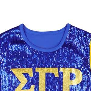 Sigma Gamma Rho SGRho Sequin Tee Royal Blue Gold Sleeves Sparkle Greek Letters Embroidered Sorority Apparel Summer 100% Cotton - Product Image 6