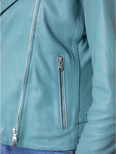 Veste universitaire asymétrique en peau de mouton véritable bleu sarcelle pour femme, fermeture éclair, doublure en coton doux, respirant et écologique, mode hiver - Product Image 5