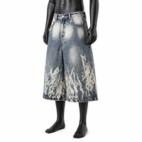 Shorts en jean délavé pour homme, coupe ample, longueur genou, style streetwear, avec broderie personnalisée effet vieilli