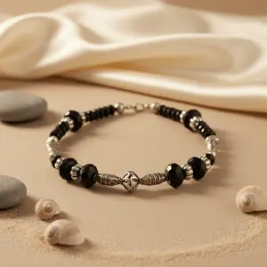 "Platinum Rhodium-Plated Geometric <b>Bead</b> <b>Necklace</b> for Women with Black Onyx and Multiple Gemstones" - Product Image 2