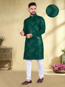 Kurta en coton lourd de qualité supérieure pour hommes, vêtements de fête de mariage, fiançailles, de couleur vive, avec miroir, deux poches latérales - Product Image 6