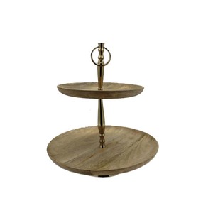 Support noir à gâteau en métal et bois à 2 niveaux de finition naturelle taille personnalisée forme ronde décoration de fêtes de mariage et d'anniversaire à la maison - Product Image 3