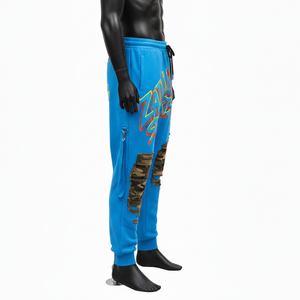 Pantalon de jogging en molleton premium, coton et polyester, tissu doux brossé, camouflage bleu, panneau au niveau du genou, impression d'écran, logo personnalisé, pantalon de jogging pour homme - Product Image 3