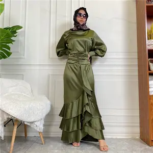 Islamitische Nieuwe Effen Satijn/Ronde Hals Button Up Shirt Elegante Lange Jurk Met 3 Plies Geplooide Slanke Moslim Vrouwen 'S Jurk Set Gewaad
