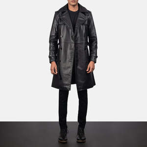 Men's Black Semi-aniline Cowhide Vintage Trench Quilted Lining Turn-<b>down</b> Collar Zipper Closure Fur Trim Waterproof Canvas Winter - Product Image 5