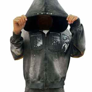 Sweat à capuche zippé unisexe en coton 100% de haute qualité, brodé, effet délavé par le soleil, poids lourd 500 g/m², style streetwear ample avec strass - Product Image 5