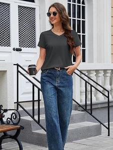 Camiseta de Manga Corta para Mujer, Diseño Moderno, 100% Algodón, Color Gris Oscuro, Cuello en V, Corte Regular, con el Mejor Precio de Fábrica de Bangladesh - Product Image 3