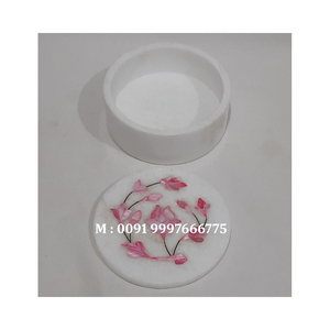 Boîte à bijoux ronde en marbre blanc naturel avec incrustation de nacre rose, design floral, pour l'emballage et le cadeau de colliers - Product Image 3