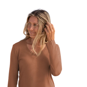 T-shirt à manches longues en cuivre pour femmes, col en V, 100% coton biologique de luxe, pré-rétréci, certifié GOTS, coupe classique, doux et premium - Product Image 4