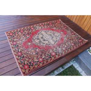 3.4x4.8 ft Vintage Rug, <b>Red</b> Polka dot Turkish Rug <b>Wool</b> - Product Image 2