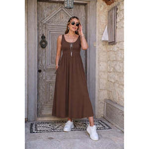 Women's Strappy Round Neck Long <b>Viscose</b> <b>Dress</b> with Side Slit, 36174 - Coffee - Product Image 2