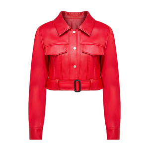 Chaqueta de cuero personalizada fabricante occidental rojo vintage de lujo botón Pu corta chaqueta de cuero para mujeres señoras - Product Image 1