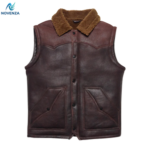 Gilet en cuir pour homme avec col en fourrure marron, sans manches, chaud pour l'hiver - Product Image 1
