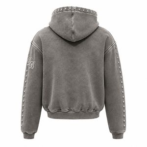 เสื้อฮู้ดซิปแบบยูนิเซ็กซ์ ผ้าฟลีซ 100% คอตตอน คุณภาพพรีเมียม ตกแต่งด้วยแพทช์ปักลายแบบดิสเทรส ล้างสีแบบแอซิดวอช รับผลิตตามสั่งขายส่ง - Product Image 4