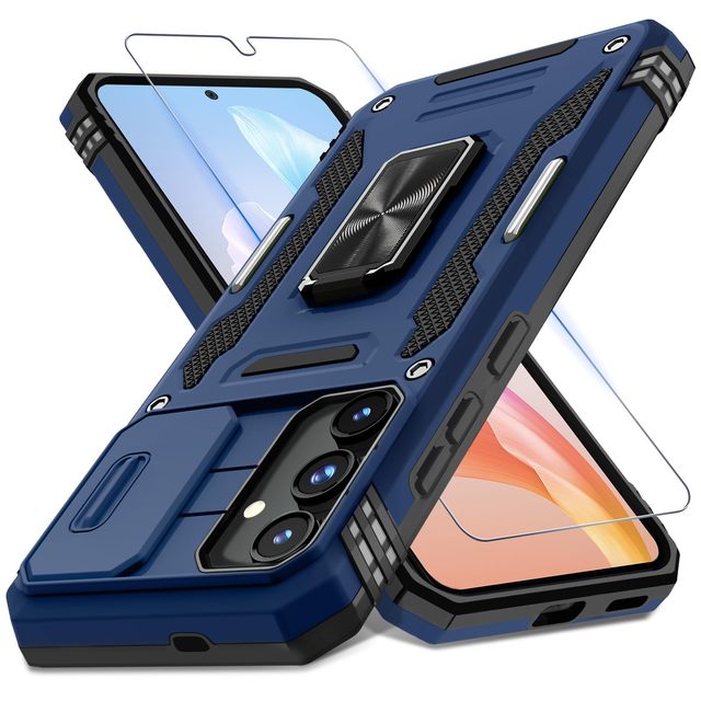 For Samsung S24 S25+ Plus Armor Design TPU+PC Mobile Phone Case Slide Camera Cover + Screen Protector Rotated Ring Kickstand(RM)