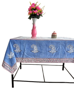 Hand Block Printed Cotton <b>Table</b> <b>Cover</b>: Blue Paisley Boho Decor Dining <b>Table</b> Linen Ethnic Home Decor for Best Price - Product Image 1
