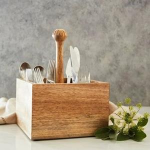 Flower Engraved Mango Wood Serving Caddy Decorative <b>Kitchen</b> Organizer for <b>Storage</b> Tableware Cutlery Office Use-OEM Design - Product Image 5