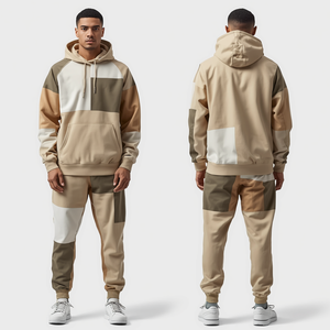 Conjunto Deportivo para Hombre, Sudadera con Capucha y Pantalones Jogger, Diseño Beige con Parches, Estilo Urbano Moderno e Informal - Product Image 1