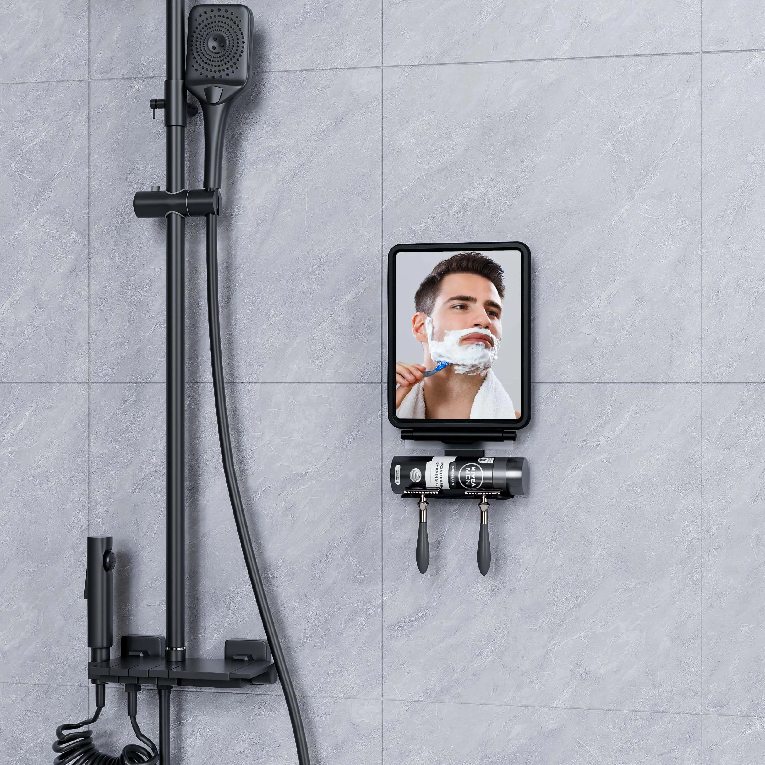 Badezimmerzubehör schwarz quadratisch wandmontage verstellbarer Rasihrhalter beschlagfrei Duschspiegel beschlagfrei zum Rasieren
