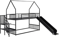 Lit superposé en métal avec toboggan et escalier, design Fun House pour enfants, finition noire