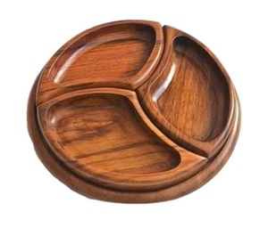 Plateau de service rond en bois artisanal à 3 compartiments, plateau en bois massif sculpté pour les en-cas, les noix, les fruits secs, pour la maison et la table d'hôtel - Product Image 1